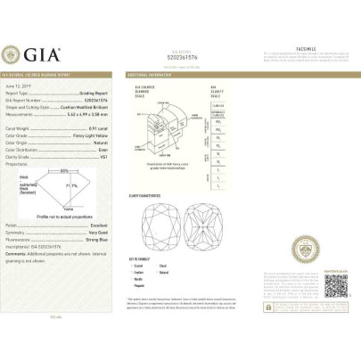 Prírodný farebný diamant s GIA certifikatom cushion fancy light žltý 0.91 ct VS1 7831200077_Y4 2