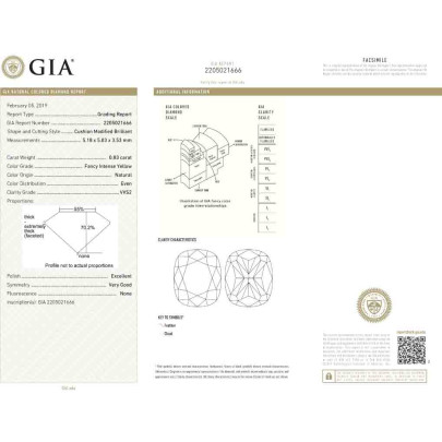 Prírodný farebný diamant s GIA certifikatom cushion fancy intense žltý 0.83 ct VVS2 3829600223_Y6 2