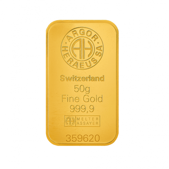 Investičná zlatá tehla 50 g razená Argor Heraeus 70008