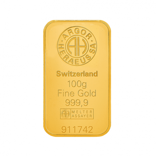 Investičná zlatá tehla 100 g razená Argor Heraeus 70009