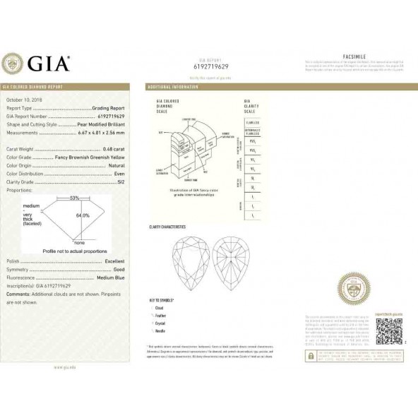 Certifikat GIA pre prirodny farebny diamant slza fancy hnedo-zeleno žltý 0 2851600102Y5