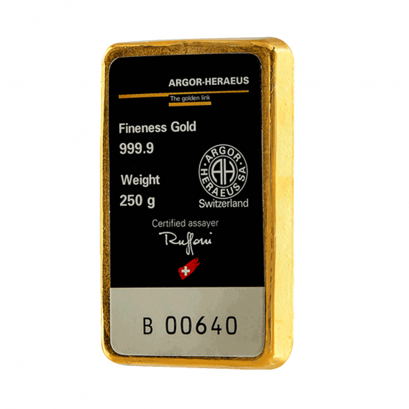 Investičná zlatá tehla 250 g liata Argor Heraeus 70010 (2)