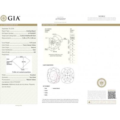 Prírodný farebný diamant s GIA certifikatom cushion fancy intense žltý 0.72 ct SI2 6828060316_Y6 2