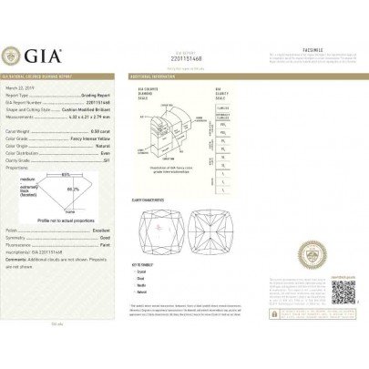Prírodný farebný diamant s GIA certifikatom cushion fancy intense žltý 0.50 ct SI1 4116960064_Y6 2