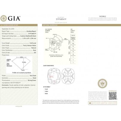 Prírodný farebný diamant s GIA certifikatom cushion fancy intense žltý 0.40 ct SI2 2826710202_Y6 2