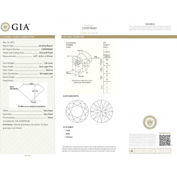 Certifikat GIA pre prirodny farebny diamant okrúhly briliant very light veľmi svetloružový 1 7829460147R2