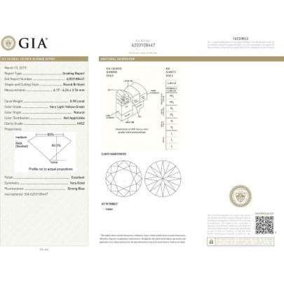 Prírodný farebný diamant s GIA certifikatom okrúhly briliant very light veľmi svetložltý 0.90 ct VVS2 9830010039_Y3 2