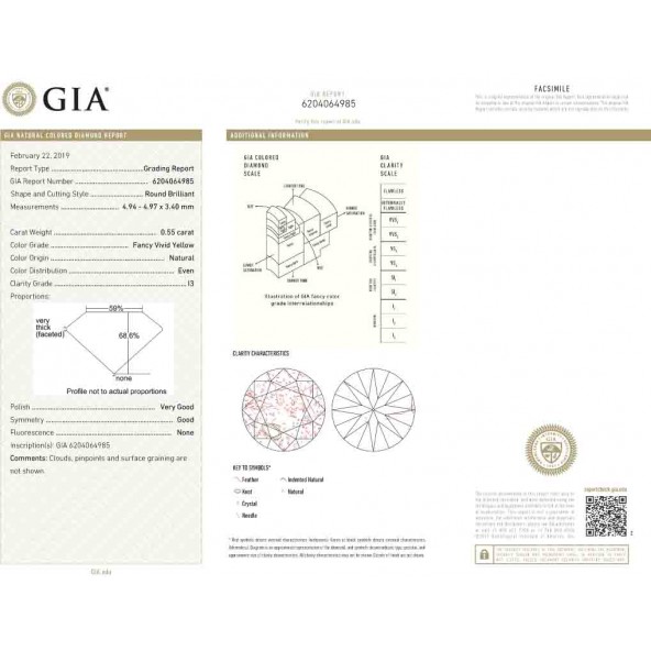 Certifikat GIA pre prirodny farebny diamant okrúhly briliant fancy vivid žltý 0 2851900012Y7
