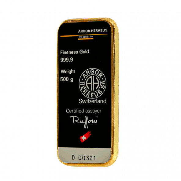 Investičná zlatá tehla 500 g liata Argor Heraeus 70011 (2)
