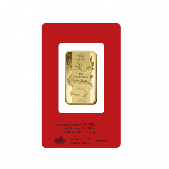 Investičná zlatá tehla 1 oz razená Pamp Lunar Drak AU00RI0226B98 (3)
