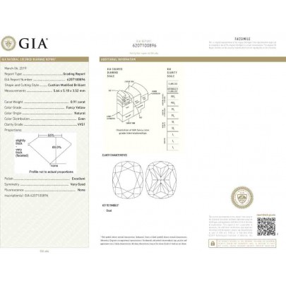 Prírodný farebný diamant s GIA certifikatom cushion fancy žltý 0.91 ct VVS1 9829600259_Y5 2