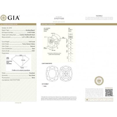 Prírodný farebný diamant s GIA certifikatom cushion fancy intense žltý 0.45 ct VVS1 3828750123_Y6 2