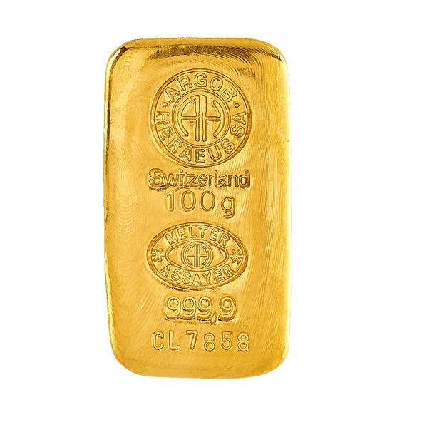 Investičná zlatá tehla 100 g liata Argor Heraeus 70017